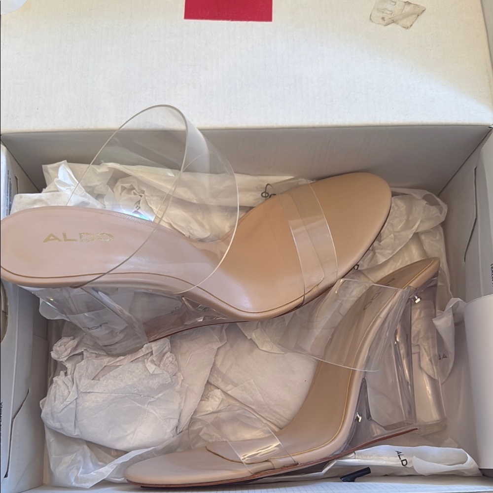 Aldo Tan Strappy Heels with Clear Straps
